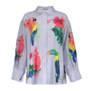 Geisha Blouse stripes & birds Hemelsblauw dames