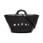 Zwarte geweven tote tas met geborduurd logo Marni , Black , Dames