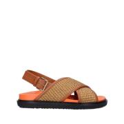 Platte Sandalen met Geweven Raffia Bandjes Marni , Brown , Dames