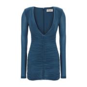 Cupro Jersey V-Hals Jurk Saint Laurent , Blue , Dames