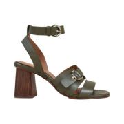 Micaela Leren Sandalen met Vierkante Houten Hak Anaki , Green , Dames