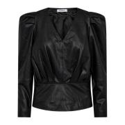 Zwarte leren pofblouse met V-hals en stijlvolle details Co'Couture , B...