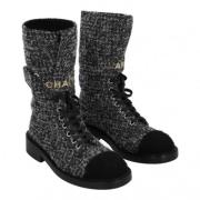 Grijze en Zwarte Tweed Stoffen Laarzen Chanel Vintage , Black , Dames