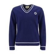 Blauwe Logo Patched V-Neck Sweater Gucci , Blue , Heren