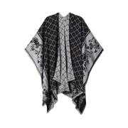 Open Poncho met Oval T Jacquard Twinset , Black , Dames