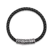 Men's Black Leather Bracelet with Silver Tube Lock Nialaya , Black , H...