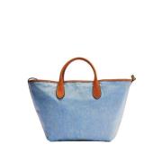 Bellport Kleine Tote Tas in Licht Indigo Denim met Leren Rand Polo Ral...