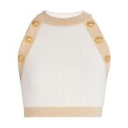 Ivoor Ribgebreide Viscose Blend Top Balmain , Beige , Dames