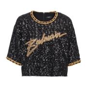 Cropped T-shirt with sequin embroidery Balmain , Black , Dames