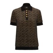 Monogrammed velvet jacquard polo shirt Balmain , Black , Dames