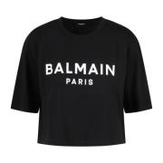 Logo Print Crop T-Shirt Balmain , Black , Dames