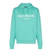 Katoenen bedrukte logo-hoodie Balmain , Blue , Heren