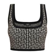 Geknipte bicolor jacquard sport-bh-top met monogram. Balmain , Black ,...