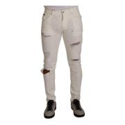 Witte Tattered Skinny Katoenen Heren Denim Jeans Dolce & Gabbana , Whi...