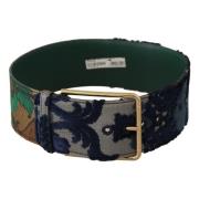 Groen Jacquard Geborduurd Leren Riem met Gouden Metalen Gesp Dolce & G...