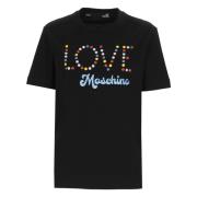 Zwarte katoenen T-shirt met multicolor logo Love Moschino , Black , Da...