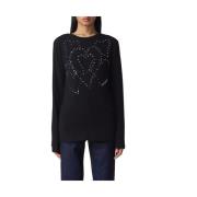 Rhinestone Heart Crew Neck T-Shirt Love Moschino , Black , Dames