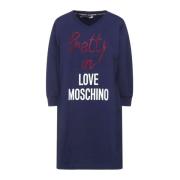 Blauwe Katoenen Jurk met Logo Print en Kralenapplicaties Love Moschino...