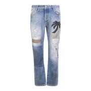 Opvallende Palm Tree Patchwork Jeans Palm Angels , Blue , Heren