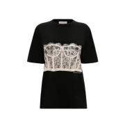 Zwart Kant Korset Print T-shirt Alexander McQueen , Black , Dames
