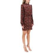 Bloemen Jacquard Zijden Mini Jurk met Gerimpelde Randen Saloni , Red ,...