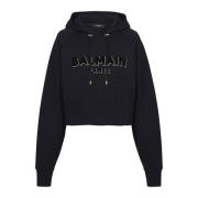 Kort katoenen sweatshirt met geflockt metallic logo Balmain , Black , ...