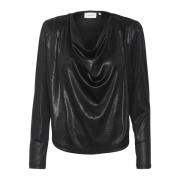 Zwarte Gedrapeerde Blouse met Lange Mouwen Gestuz , Black , Dames