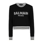 Bijgesneden wollen sweatshirt met logo Balmain , Black , Dames