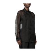 Zwarte zijden organza overhemd met plastron Prada , Black , Dames