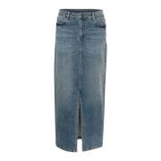 Klassieke Denim Rok met Zijzakken en Voorsplit Kaffe , Blue , Dames