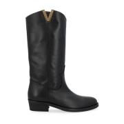 Zwarte leren Texano laarzen met gouden V Via Roma 15 , Black , Dames