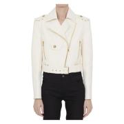 Witte leren bikerjack Balmain , White , Dames