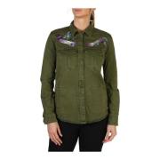 Dames Knopen-Front Jas met Logo Guess , Green , Dames