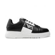 Zwarte Leren Sneakers met Contrastlogo Emporio Armani , Black , Heren