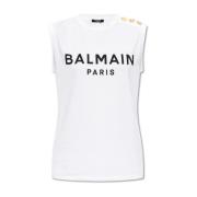 Mouwloos T-shirt met logo Balmain , White , Dames