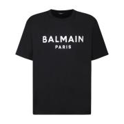 Zwart Organisch Katoenen T-Shirt met Bedrukt Logo Balmain , Black , He...