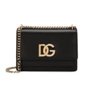 Zwarte Leren Crossbody Tas met Gouden Logo Plaque Dolce & Gabbana , Bl...