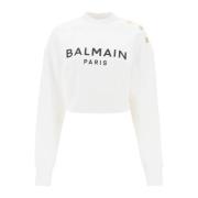 Cropped Sweatshirt met Logo Print en Knopen Balmain , White , Dames