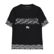 Katoenen T-shirt met kanten inzetstukken Dolce & Gabbana , Black , Dam...