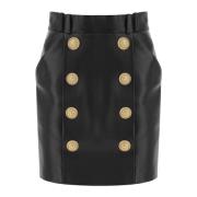 Leren Mini Rok met Sierknopen Balmain , Black , Dames