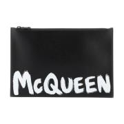 Graffiti Leren Flat Pouch Alexander McQueen , Black , Heren