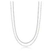 Silver Necklace Layer with 3mm Cuban Link Chain and Pearl Necklace Nia...