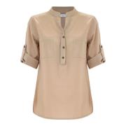 Wijdvallende Katoenen Blouse met Opgestikte Mouwen Kocca , Beige , Dam...