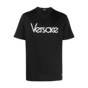 Zwarte Logo Geborduurde T-shirts en Polos Versace , Black , Heren
