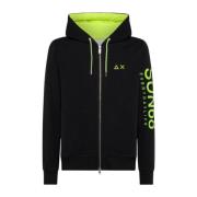 Zwarte hoodie met ritssluiting en fluorescerend geel geborduurd logo S...