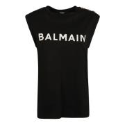 Zwarte Katoenen Mouwloze Top met Logo Print Balmain , Black , Dames