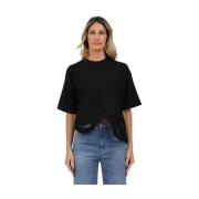 Geborduurde ronde hals T-shirt met golven Alpha Studio , Black , Dames