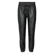 Zwarte Leren Joggers met Geribbelde Taille en Trekkoord Co'Couture , B...