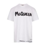 Graffiti Lettering Wit Katoenen T-shirt Alexander McQueen , White , He...