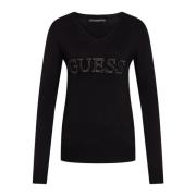 Zwarte Trui met V-Hals en Lange Mouwen Guess , Black , Dames